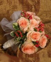 Coral Peach Roses and Red Hypericum Bridal Wedding Bouquet